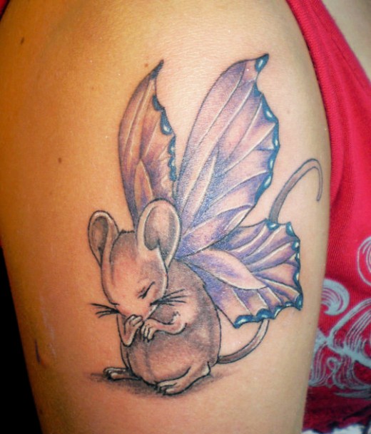 Black And Grey Mouse With Butterfly Wings Tattoo On Shoulder