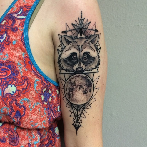Black And Grey Raccoon Head With Moon Tattoo On Girl Left Half Sleeve