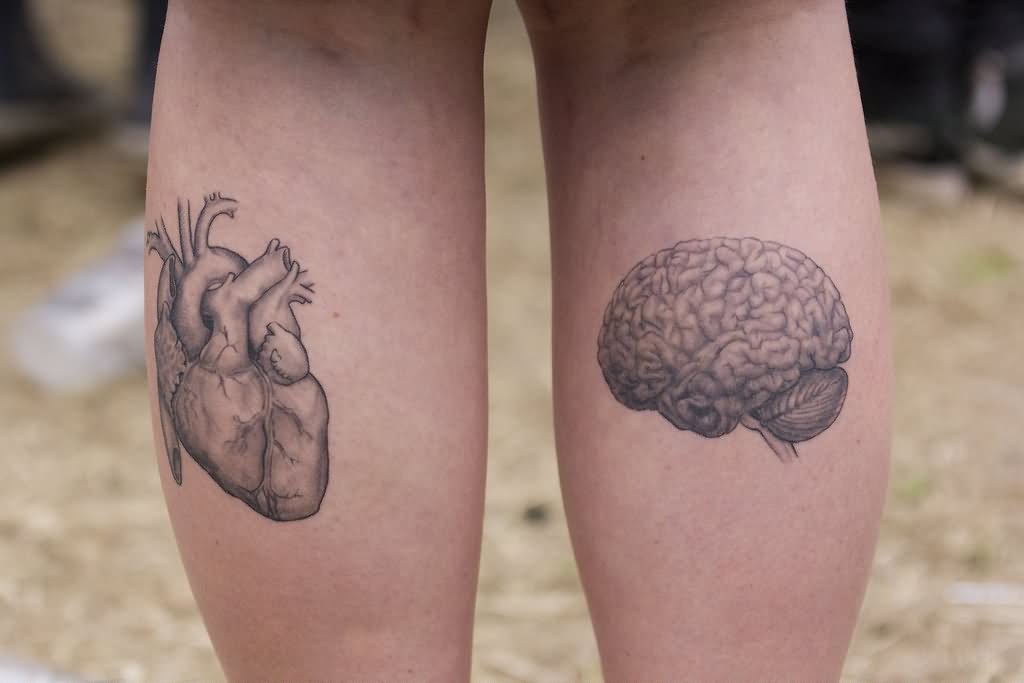 Black And Grey Real Heart With Brain Tattoo On Both Leg