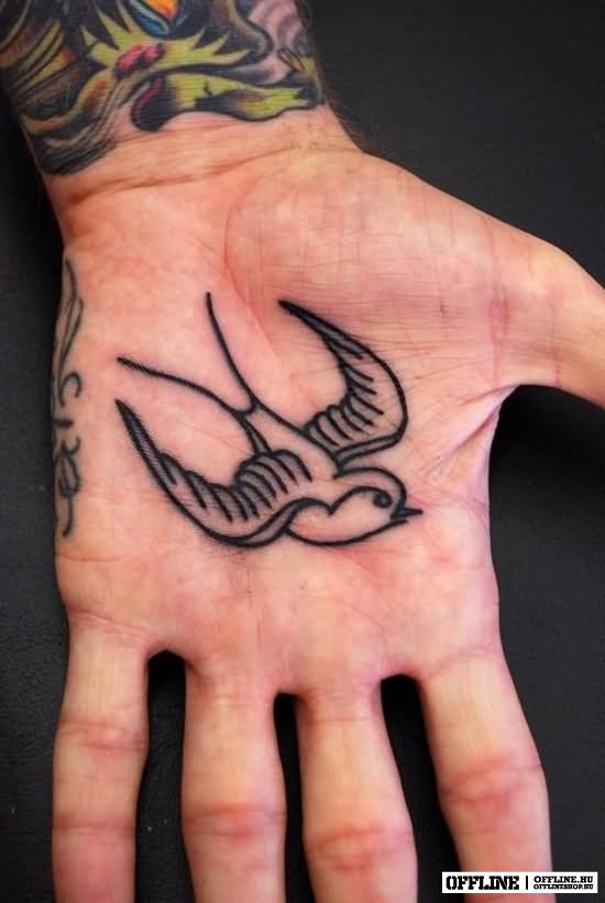 Black Flying Bird Tattoo On Hand Palm