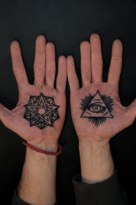 Black Geometric Star And Illuminati Eye Tattoo On Both Hand Palm