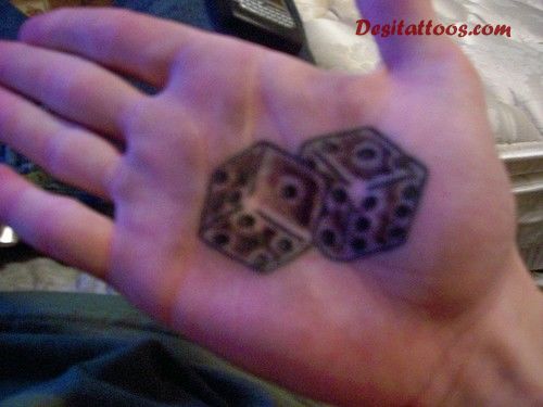 Black Ink 3D Two Dice Tattoo On Hand Palm