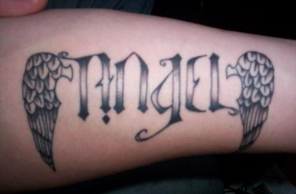 Black Ink Ambigram Angel Lettering With Wings Tattoo Design For Arm