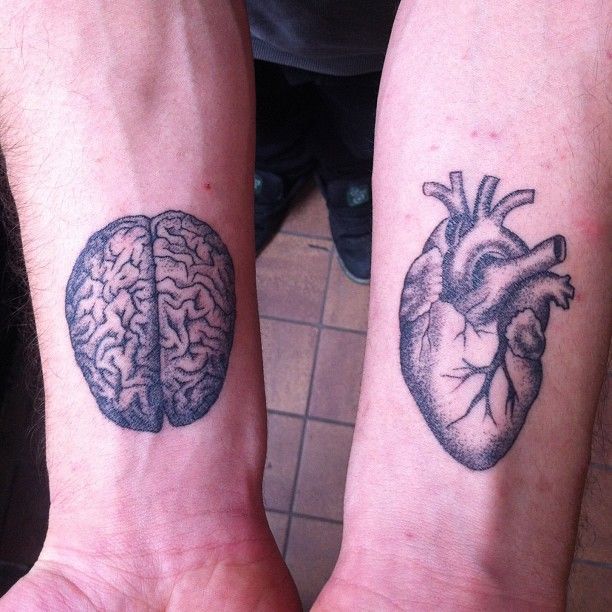 Black Ink Brain And Real Heart Tattoo On Both Wrist