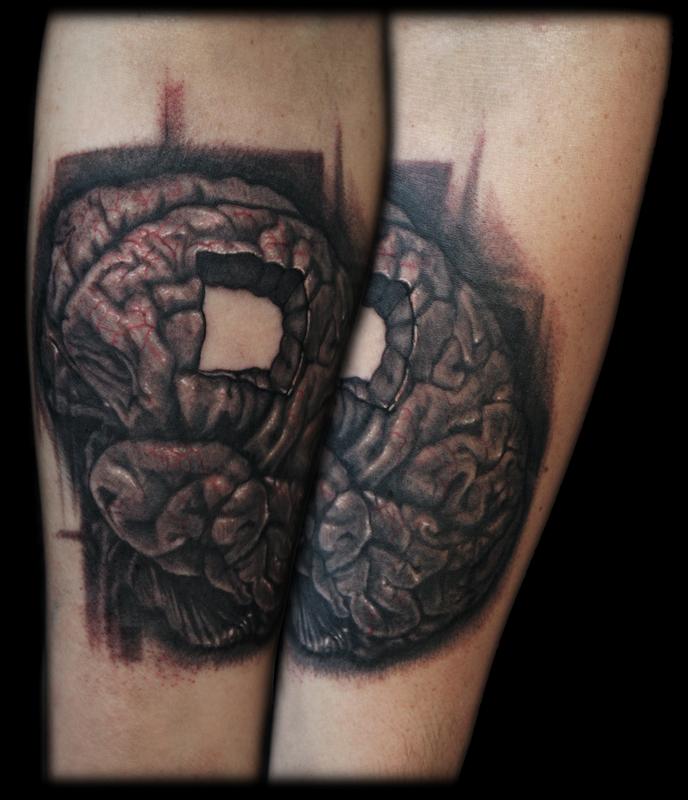 Black Ink Brain Tattoo Design For Arm