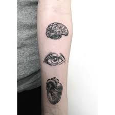 Black Ink Brain With Eye And Real Heart Tattoo On Forearm