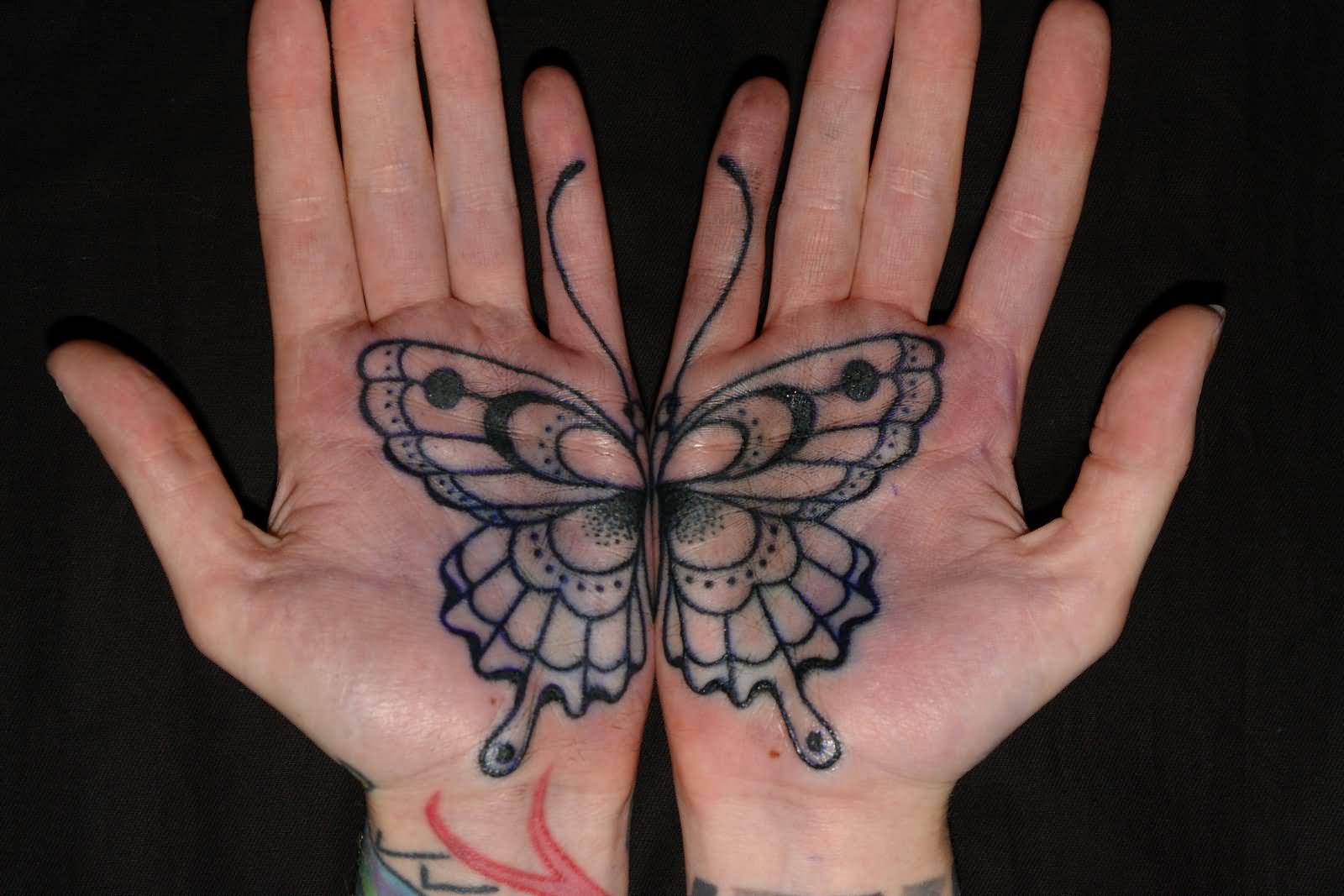 Black Ink Butterfly Tattoo On Both Hand Palm