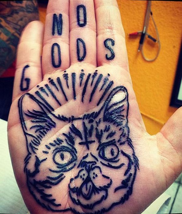Black Ink Cat Head Tattoo On Hand Palm