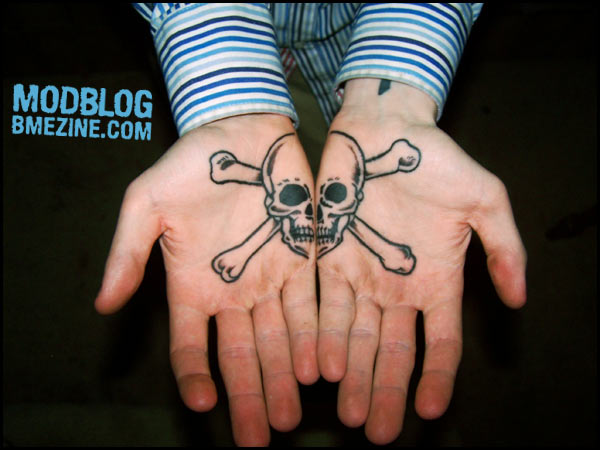 Black Ink Danger Skull Tattoo On Both Hand Palm