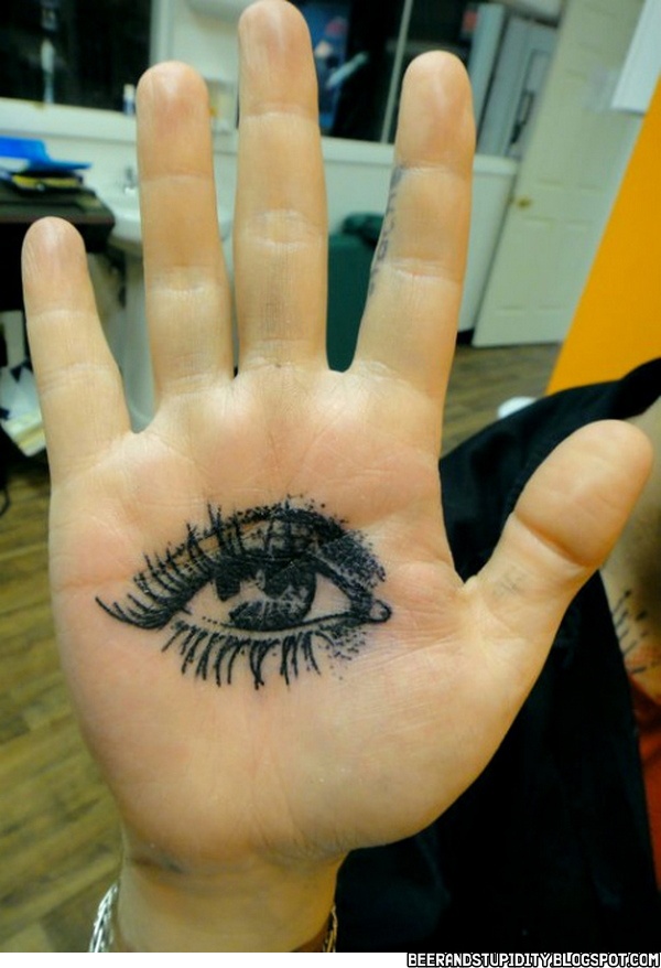 Black Ink Eye Tattoo On Hand Palm