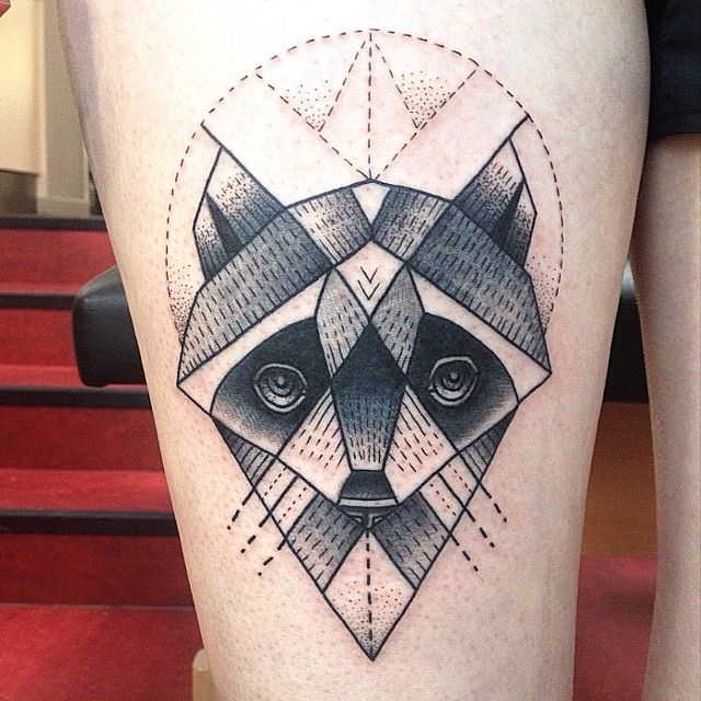 Black Ink Geometric Raccoon Head Tattoo Design For Thigh By Susanne Konig
