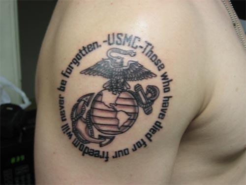 Black Ink Marine Logo Tattoo On Man Right Shoulder
