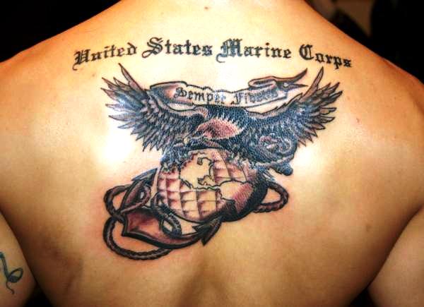 Black Ink Marine Logo With Banner Tattoo On Man Upper Back By Emily Durand