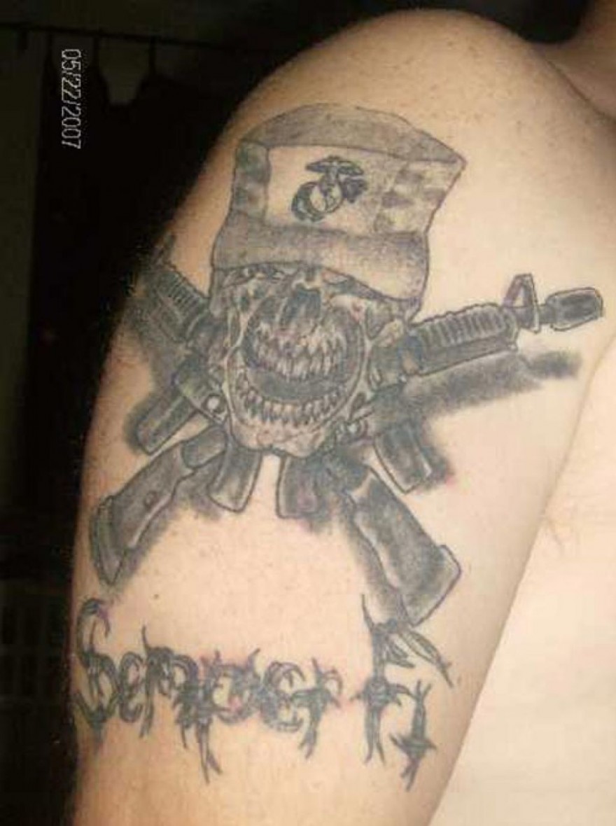 Black Ink Marine Skull With Two Crossing Guns Tattoo On Shoulder