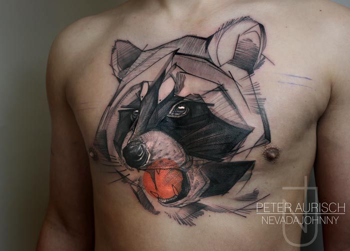 Black Ink Raccoon Head Tattoo On Man Chest