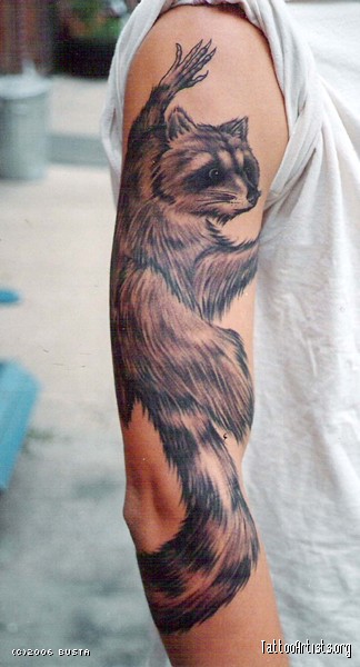 Black Ink Raccoon Tattoo On Right Half Sleeve By Rich Bustamante