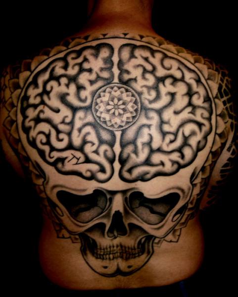Black Ink Skull Brain Tattoo On Man Full Back