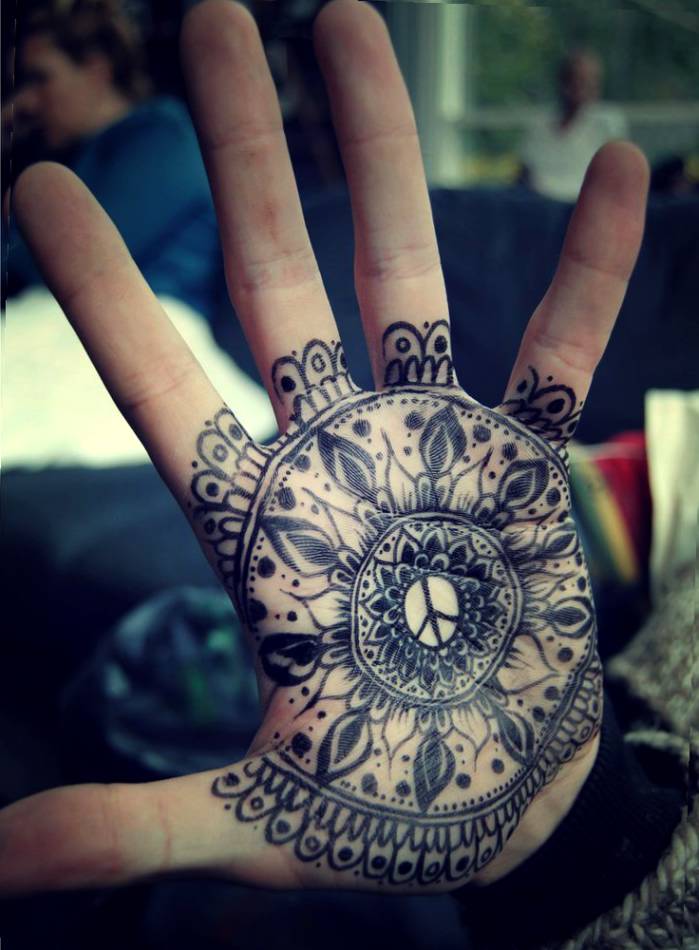 Black Mandala Flower Peace Symbol Tattoo On Hand Palm