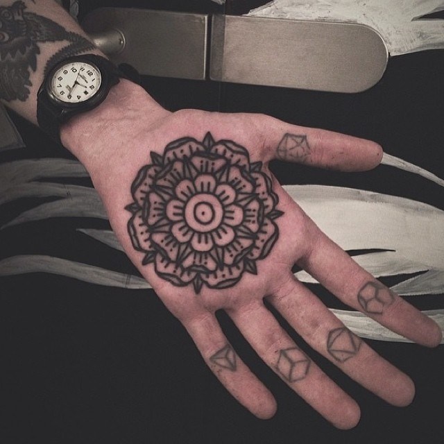 Black Mandala Flower Tattoo On Hand Palm
