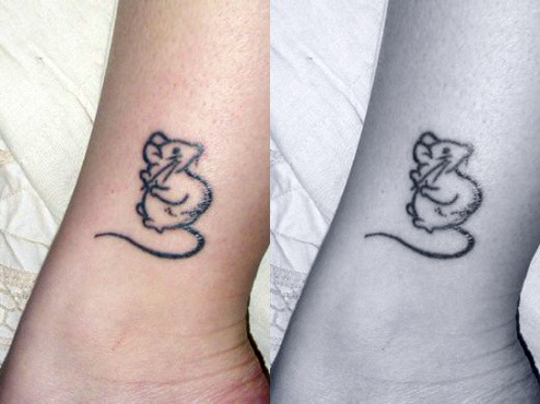 Black Mouse Outline Tattoo On Leg