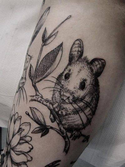 Black Mouse  With Branch Tattoo Design By Otto D Ambra