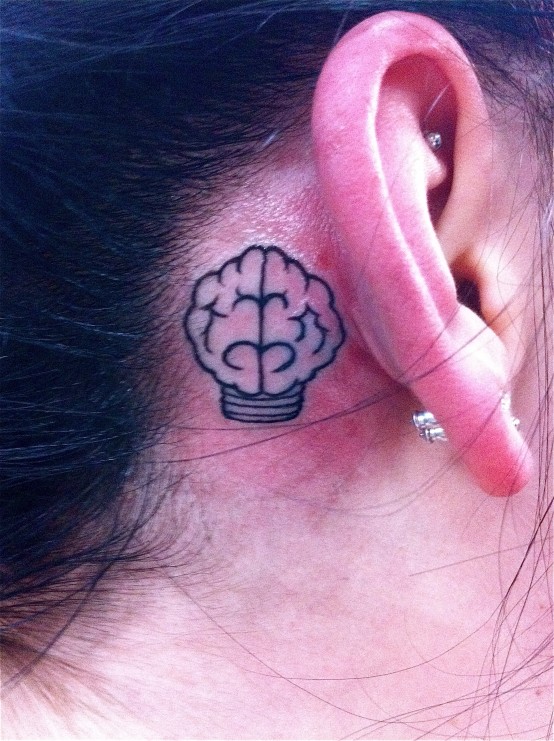 Black Outline Brain Tattoo On Behind The Ear