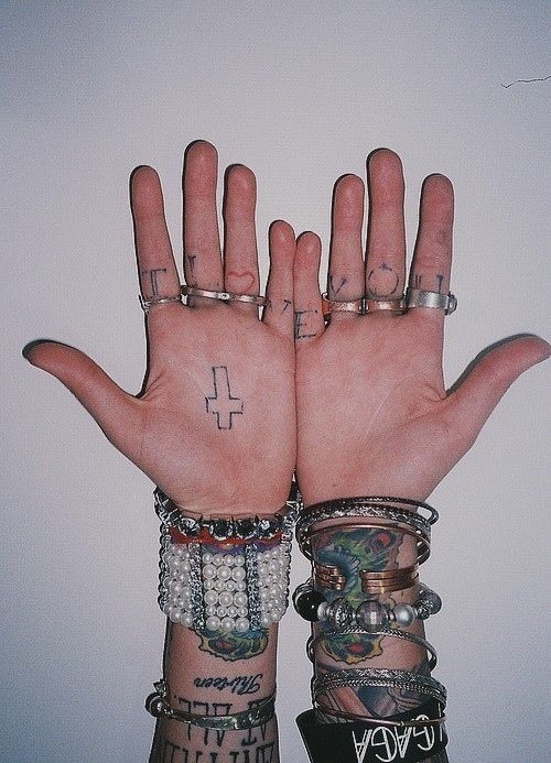 Black Outline Cross Tattoo On Hand Palm