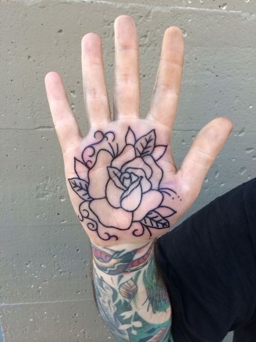 Black Outline Rose Tattoo On Hand Palm