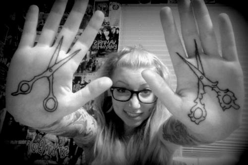 Black Outline Two Scissor Tattoo On Girl Both Hand Palm