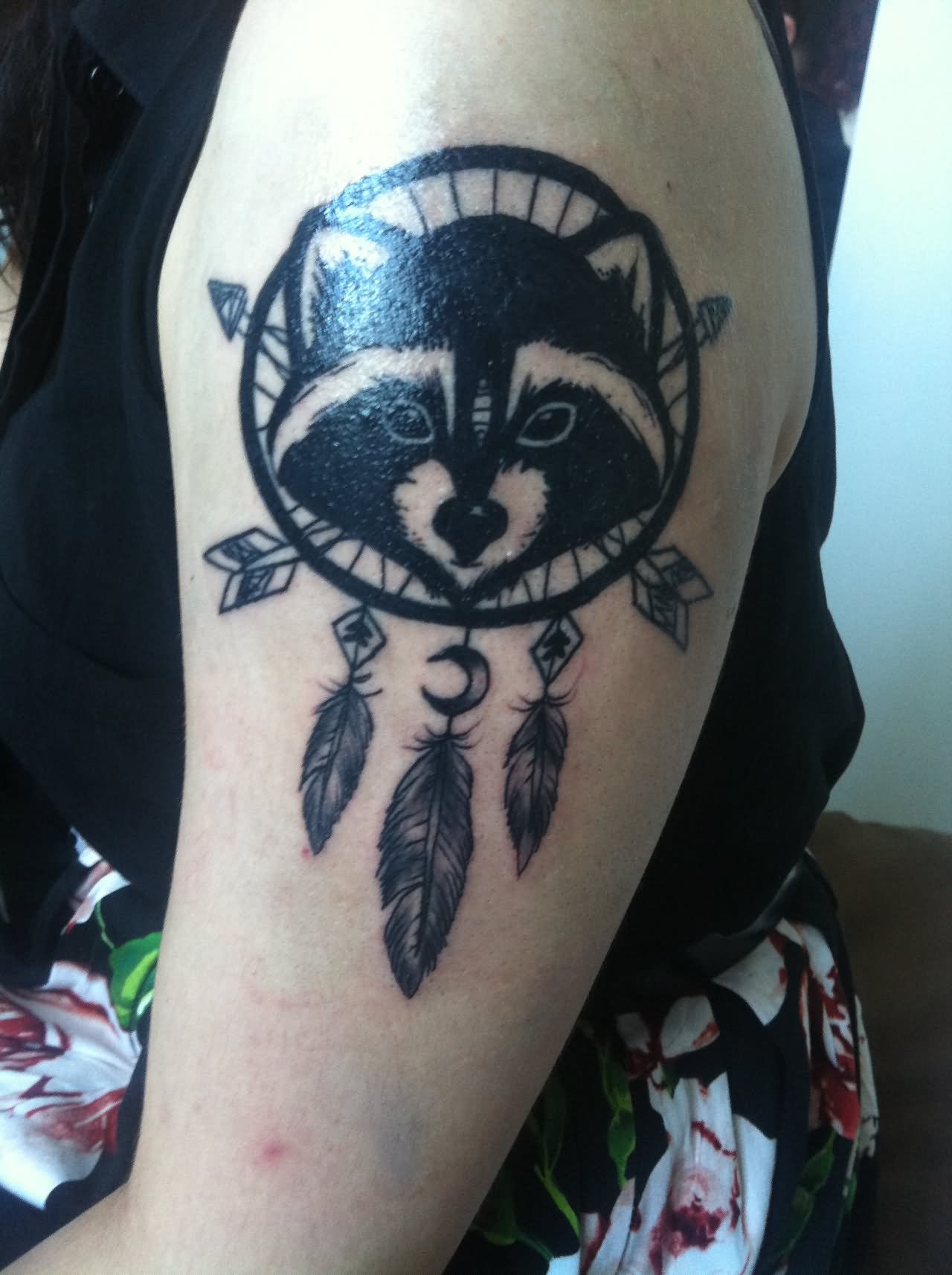Black Raccoon Head In Dreamcatcher Tattoo On Left Shoulder By Jacinta Jane