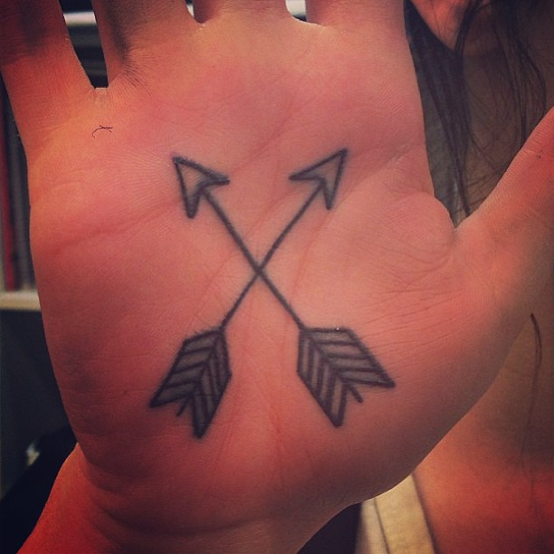 Black Two Arrow Tattoo On Hand Palm
