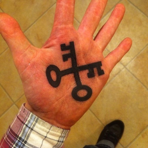 Black Two Crossing Key Tattoo On Hand Palm