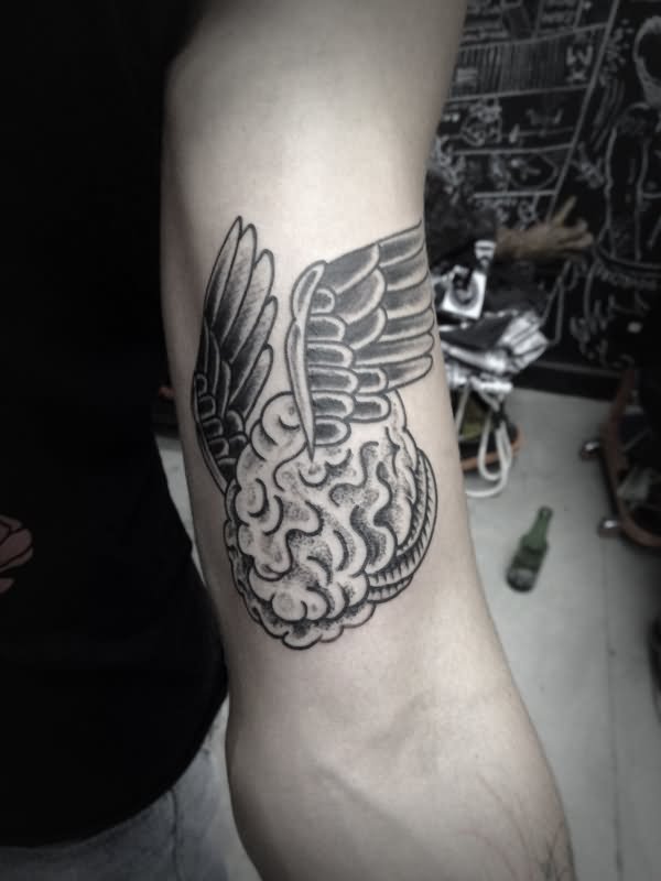 Black and Grey Brain With Wings Tattoo On Bicep
