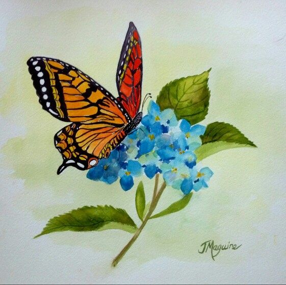Blue Flowers And Monarch Butterfly Tattoo Design