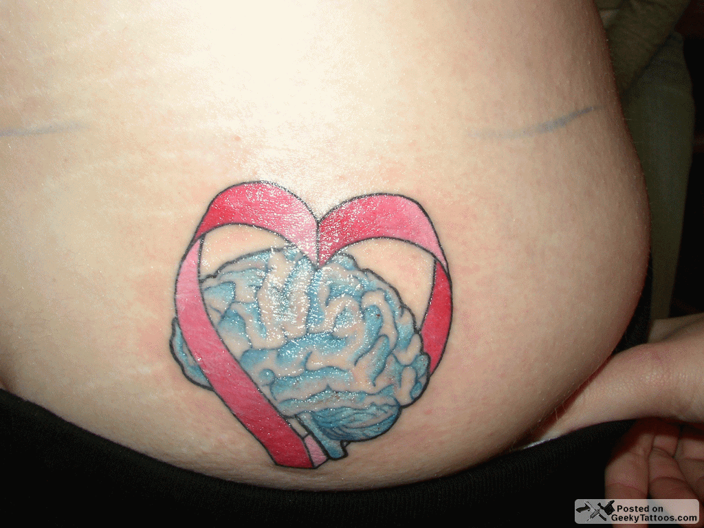 Brain With Ribbon Heart Tattoo Design