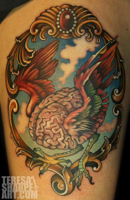 Brain With Wings In Frame Tattoo Design For Thigh