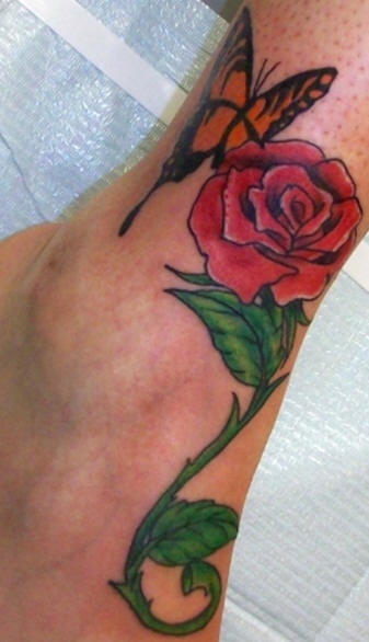 Butterfly And Red Rose Tattoo On Ankle