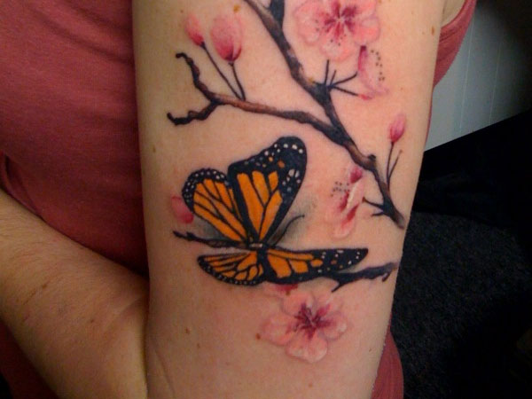 Cherry Blossom Flowers And Monarch Butterfly Tattoo On Half Sleeve