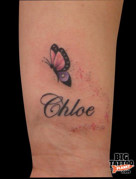 Chloe Name And Butterfly Tattoo On Wrist