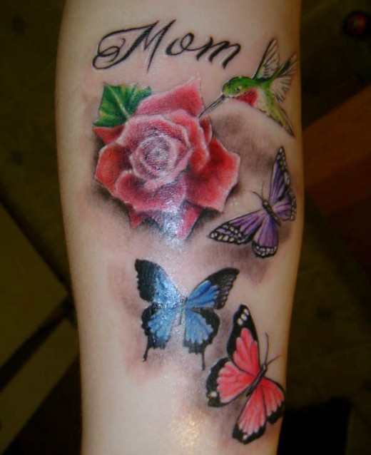Colorful Butterflies And Rose Tattoo