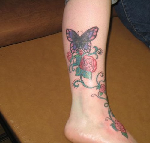 Colorful Butterfly And Rose Tattoo On Leg