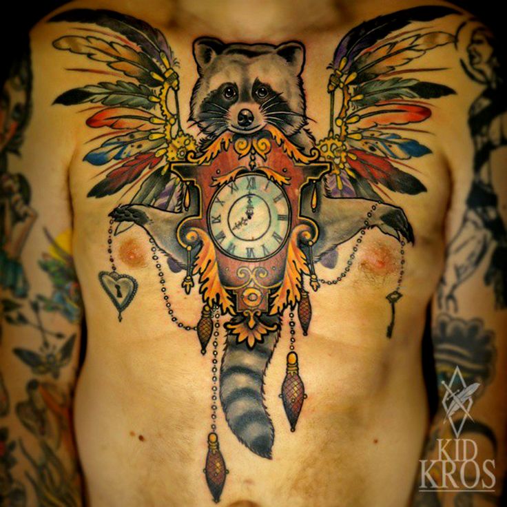 Colorful Raccoon With Wings And Clock Tattoo On Man Chest