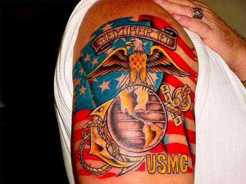 Colorful USA Flag With Marine Logo Tattoo On Right Shoulder