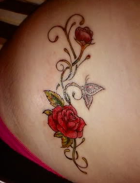 Cute Butterfly And Rose Tattoo On Hip