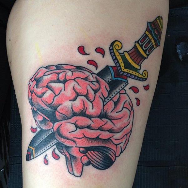 Dagger In Brain Tattoo Design For Thigh