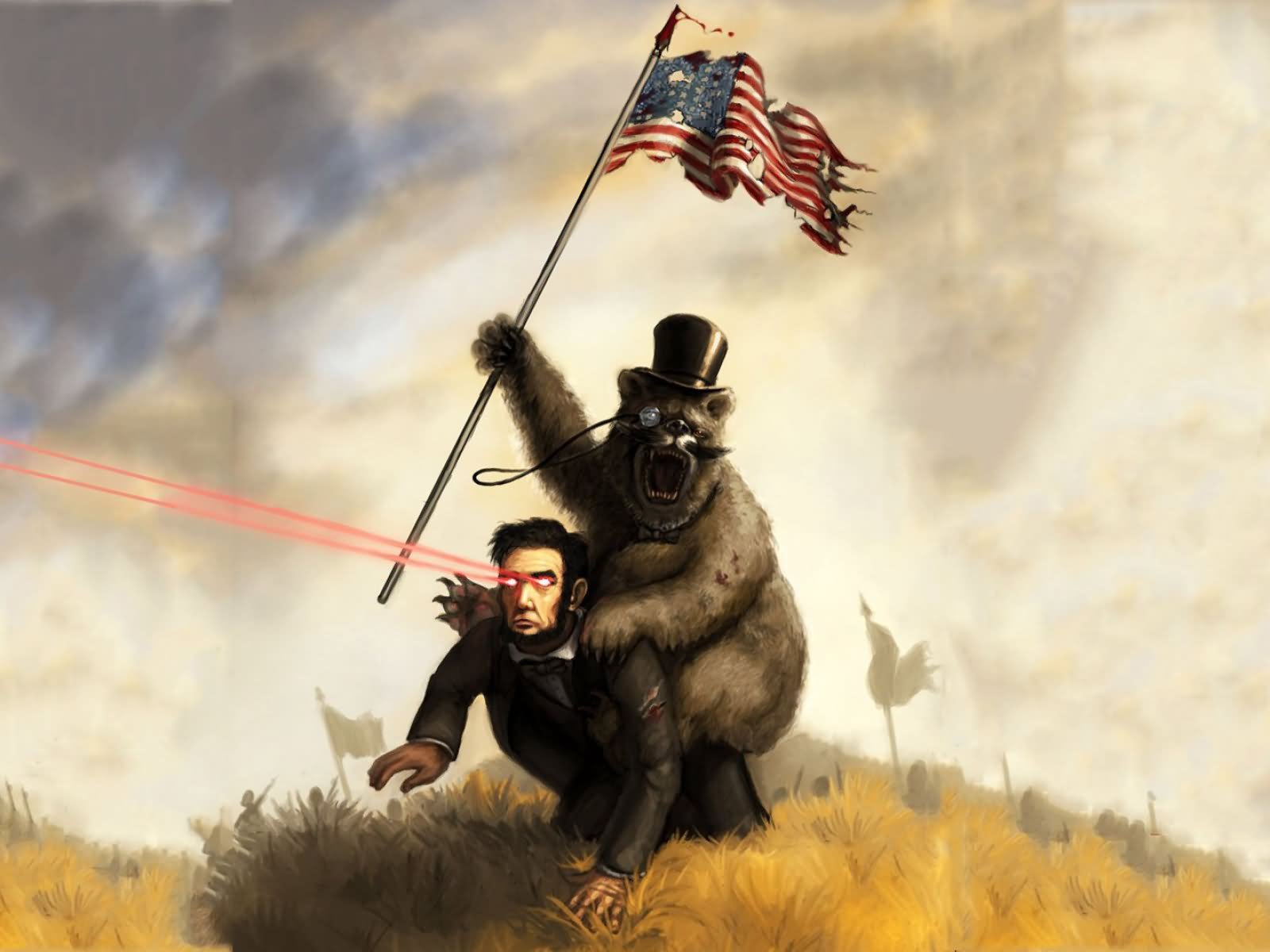 Funny Bear On Abraham Lincoln With American Flag Picture