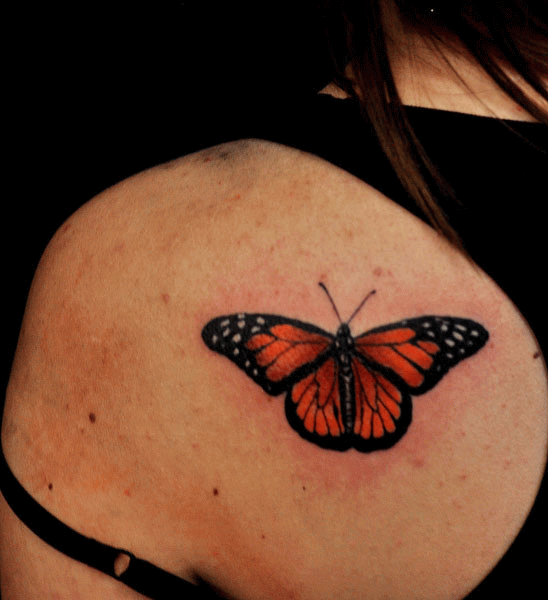 Girl Left Back Shoulder Monarch Butterfly Tattoo