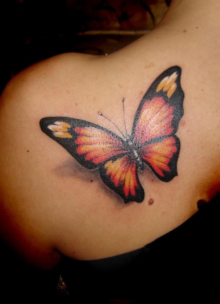 Girl With Monarch Butterfly Tattoo On Left Back Shoulder