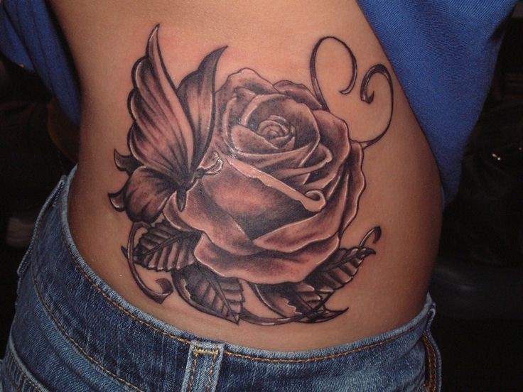 Grey Butterfly And Rose Tattoo On Waist