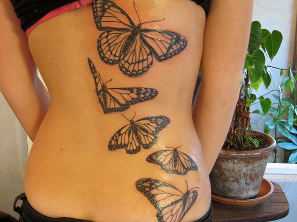 Grey Monarch Butterfly Tattoos On Girl Back Body